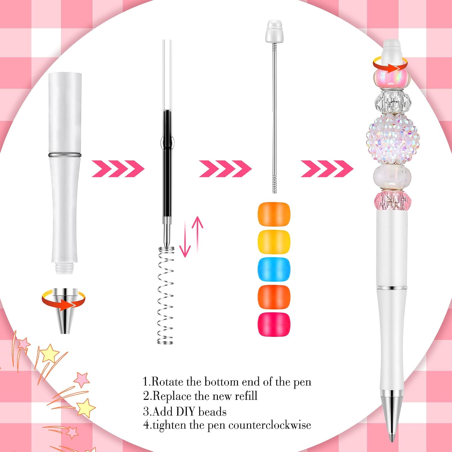 20 Pieces Plastic Beadable Pen Bead Ballpoint Pen Assorted Bead Pen Shaft Black Ink Rollerball Pen with Extra Refills for Kids Students Office School Supplies (White)