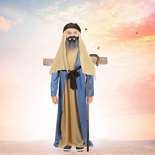 Miniatura 6 de 6 piezas de disfraz de pastor infantil de Jesús con bata azul forro marrón diadema drapeada bufanda pastor bastón barba de Jesús para Navidad