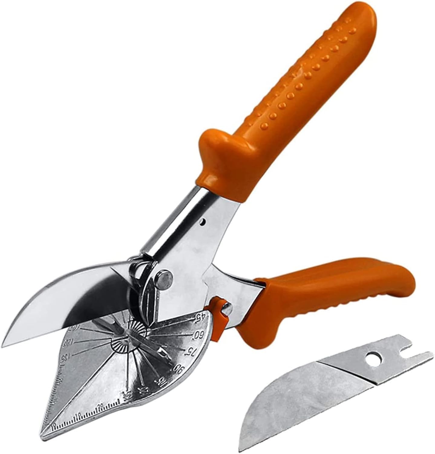 HOHXEN 45° - 135° Angle Miter Shear Cutter - Orange, Multi-Function Trunking Scissors, Quarter Round Cutting Tool for PVC, PE Pipe, Soft Wood, Branch, Wire, DIY Toy Gift, Including 1 Spare Blade