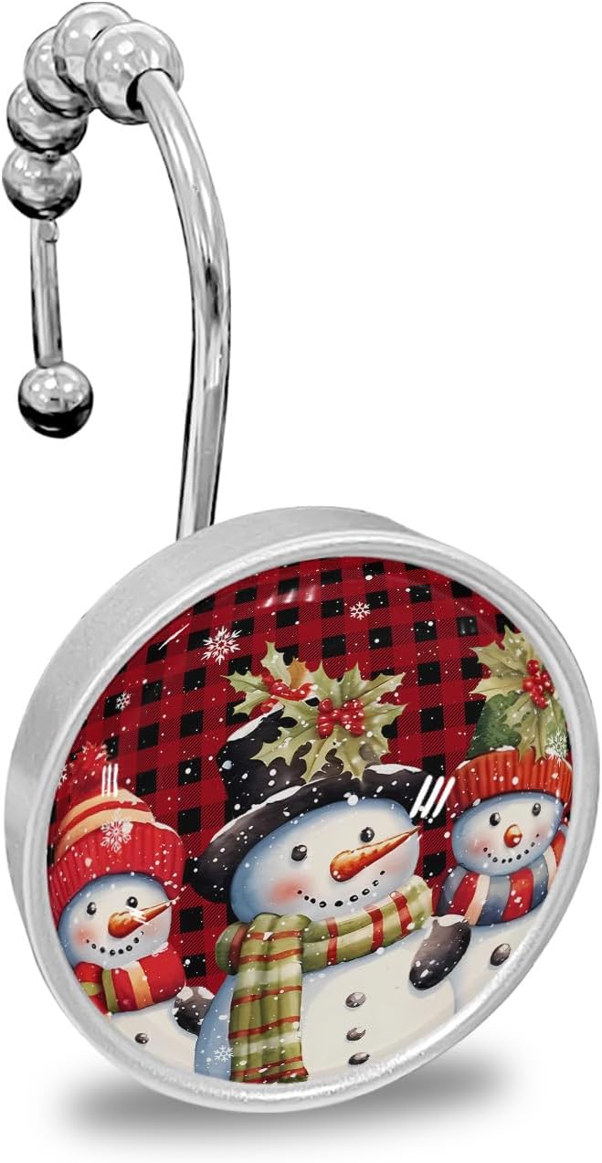 Snowman Shower Curtain Hooks, Christmas Snowflake Red Buffalo Plaid 12PCS Shower Curtain Hooks Rings for Bathroom Stainless Steel Rust Resistant Shower Curtain Hangers
