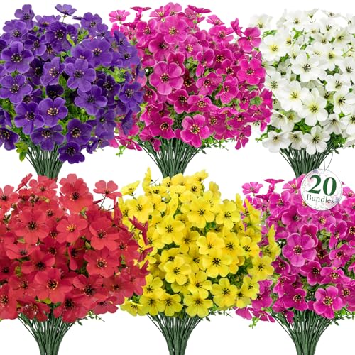Image of Bassion 20 Bundles Artificial Violet Flowers for Outdoors, Mixed | UV resistant, silk flowers, realistic faux plants, garden patio front porch home outside planter decorations