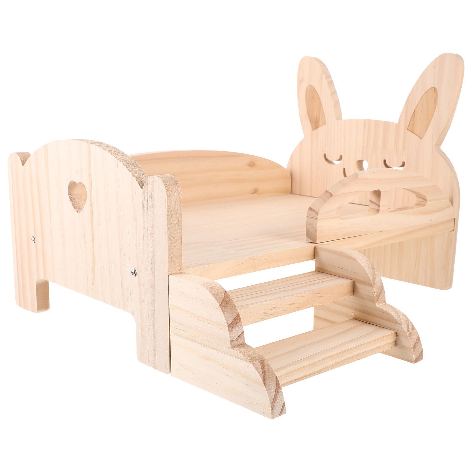 Lit en bois pour hamster et rongeurs avec plateforme et escalier beige