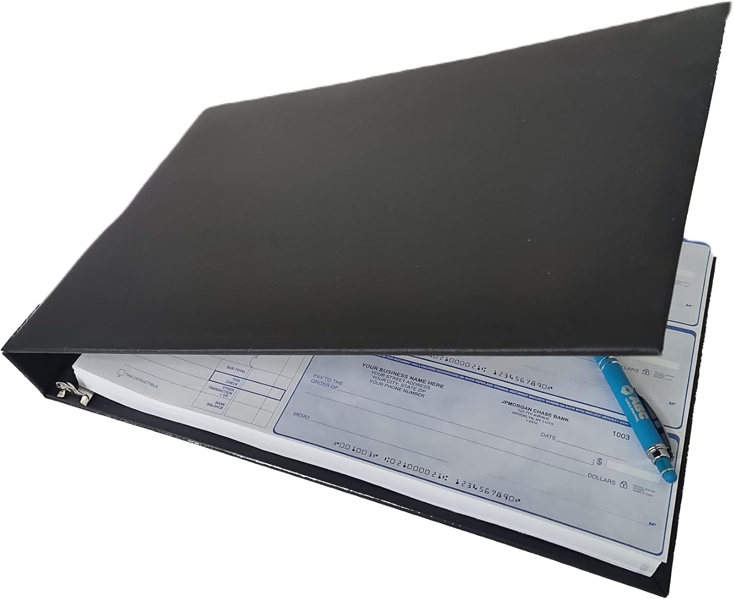 7 Ring Business Check Binder, Durable 3 On A Page, Professional Finance Document Holder with Fold Over Clear Vinyl Pouch Bill Keeper, Removable 6-Year Calendar (Black) ABC Printing