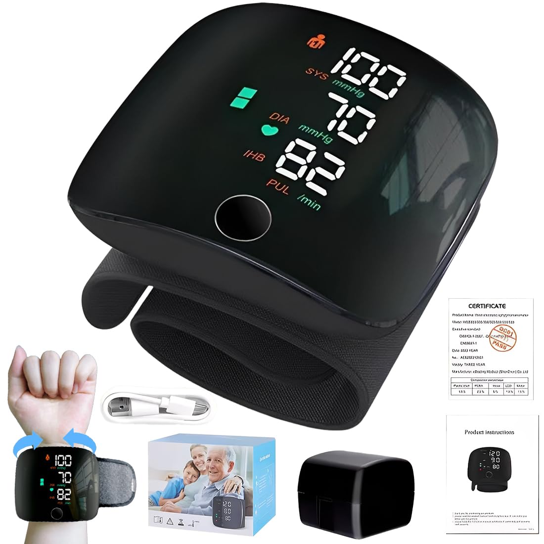 Esfingomanómetro digital portátil, esfigmomanómetro de muñeca con pantalla LCD, esfigmomanómetro automático de muñeca con memoria de lectura de 99x2, con salida de voz automática en inglés.