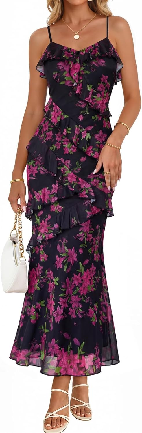 MEROKEETY Spring Wedding Guest Dress for Women 2026 Summer Floral Cocktail Party Beach Vacation Ruffle Bodycon Maxi Dresses