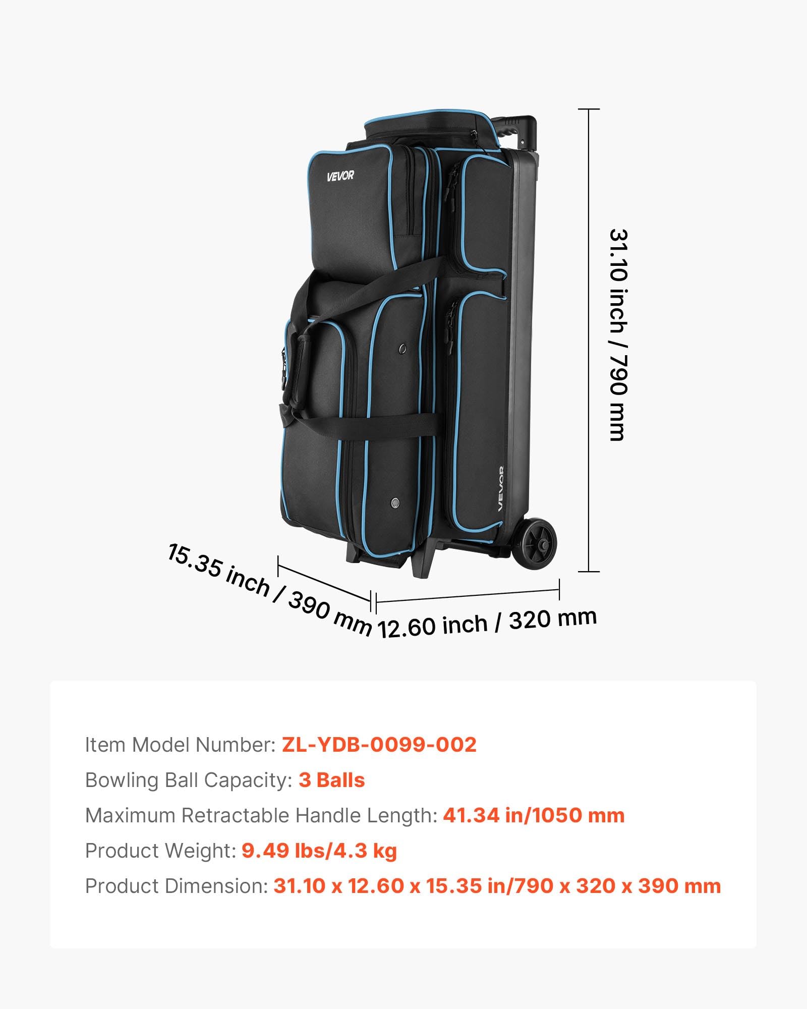 VEVOR Bolsa para 3 Bolas con Ruedas Dobles, Compartimento Separado para Zapatos hasta Talla 16 de EE. UU. y Bolsillo Extragrande para Accesorios. Asa Retráctil hasta 105 cm, 790 x 320 x 390 mm