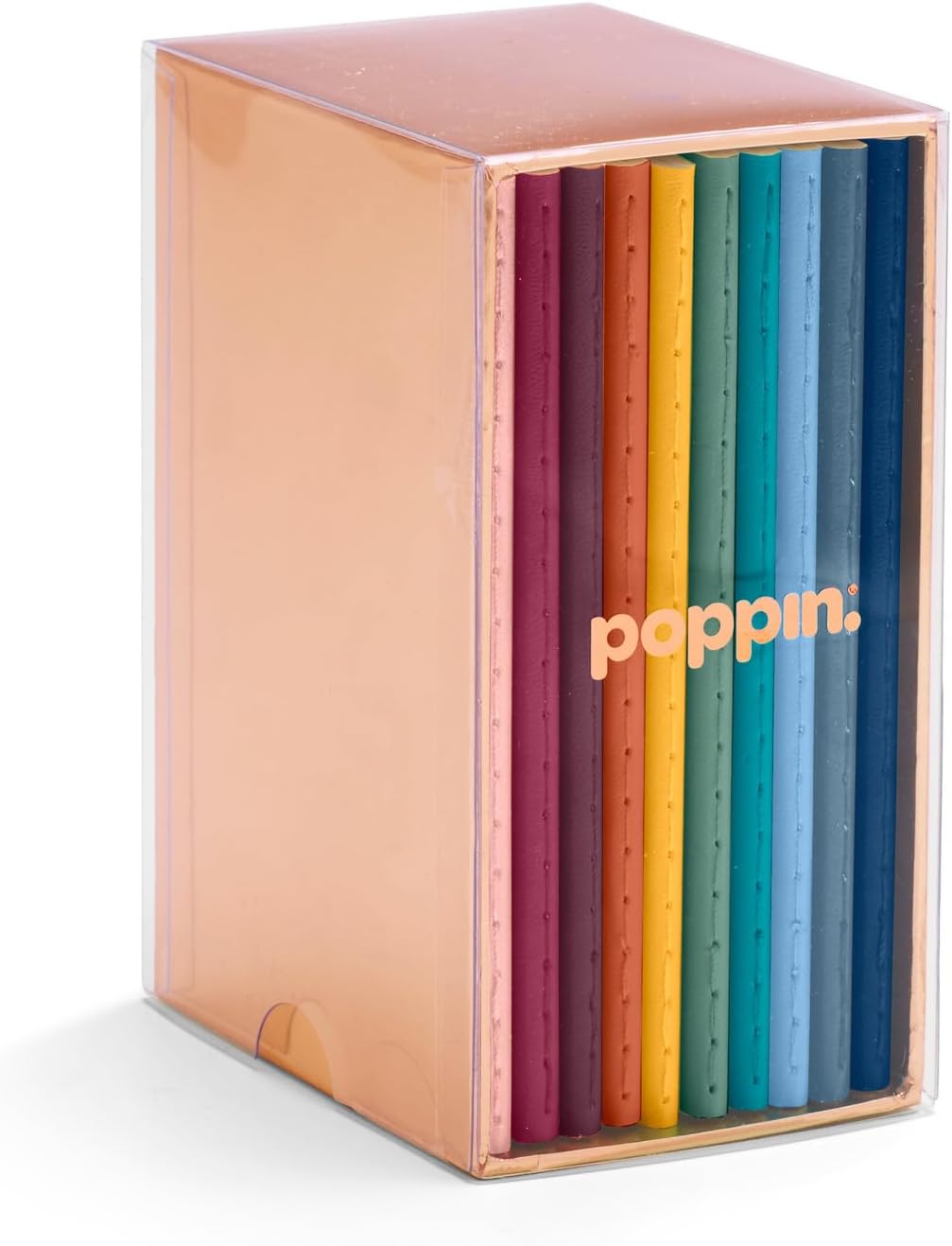 Poppin Small Notebooks - Set of 10 Mini Notebooks, Assorted Colored Pocket Journals in a Metallic Gift Box, Leather-like Cover with Stitched Binding, 64 Ruled Pages, Perfect for Sketching, Journaling, and Gifting (Assorted Brights)