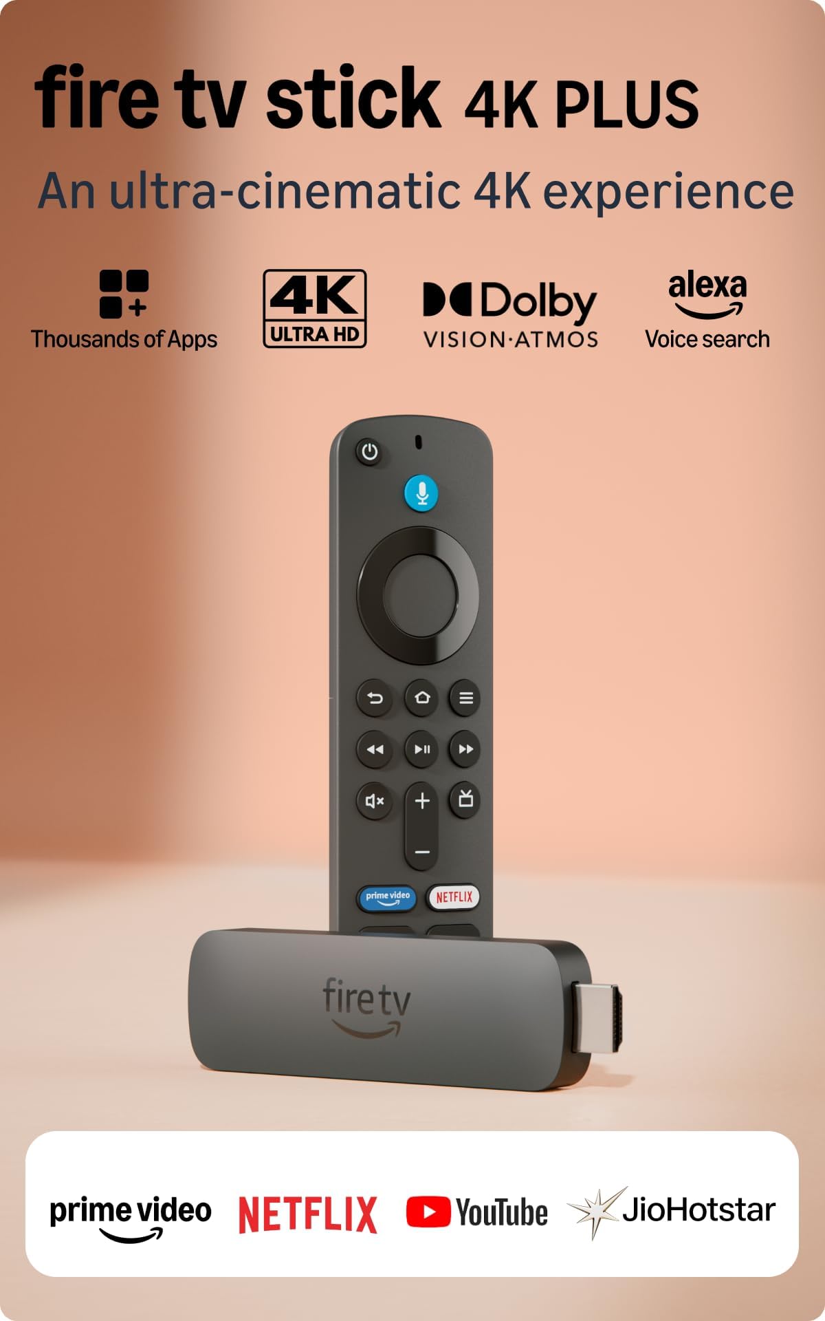 Amazon Fire TV Stick 4K Plus (newest model), Alexa Voice Search, Cinematic 4K streaming with HDR10+, Wi-Fi 6, Dolby Vision/Atmos