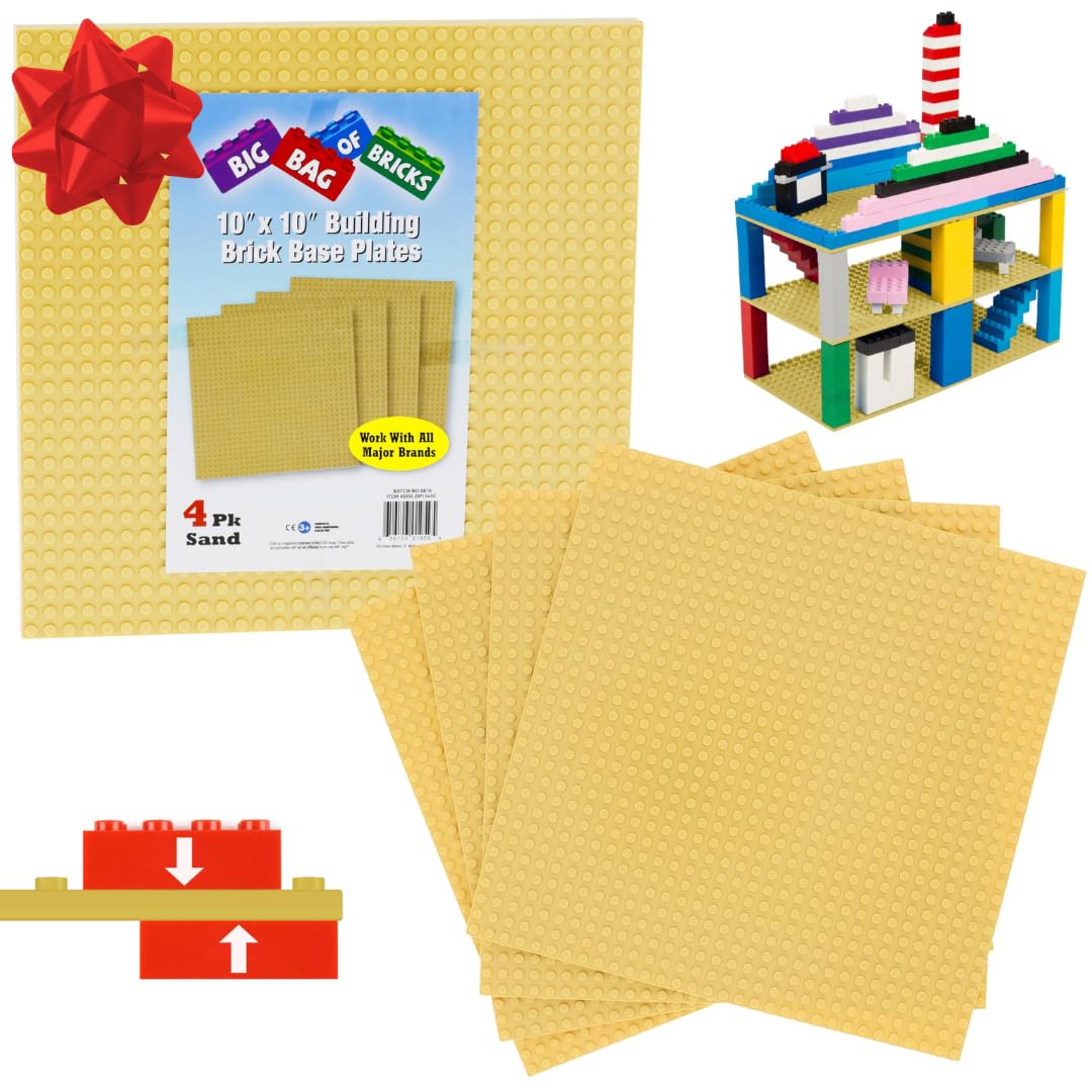 Classic Baseplates for Building Bricks- Set of 4 Large Sand 10"x10" Building Plates-Compatible w All Major Brands-Great for Activity Tables & STEM