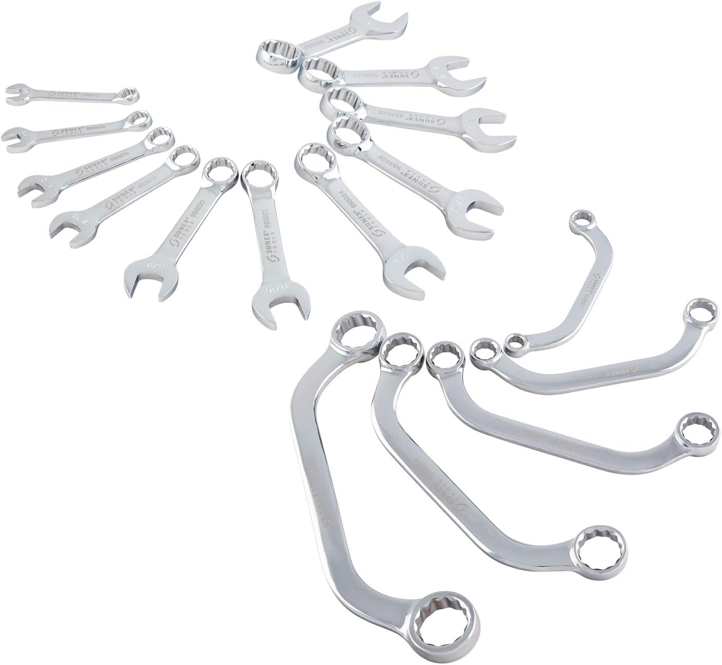 SUNEX INTERNATIONAL SUNEX 11-Piece (3/8-5/16”) Stubby Combination Wrench Set with 5-Piece (8x10mm – 21x22mm) SAE Half Moon Box Wrench Set, SUN993035-EC