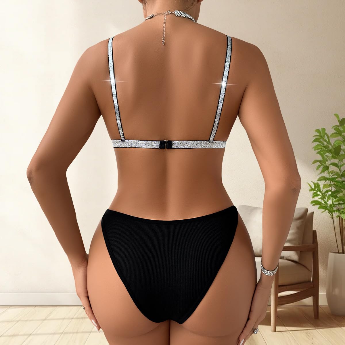 Conjunto de bikini brillante para mujer, traje de baño acanalado de dos piezas, ribete de diamantes de imitación, ropa de playa atrevida — view 5