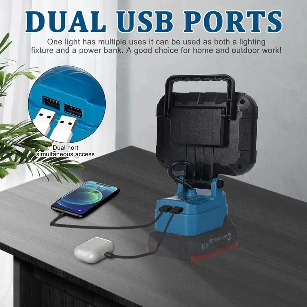 Yaasier Lámpara LED con batería para Makita 18V, Luz de trabajo LED inalámbrica 4800LM Con 2 puerto de carga USB, lampara recargable portatil para jardines, patios traseros, garajes