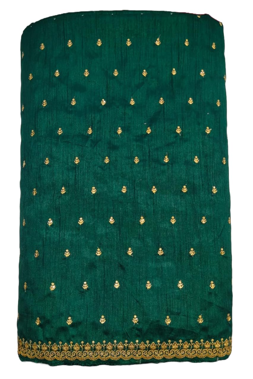 Raw Silk Embroidered Blouse Fabric, 1 Metre, Dark Green with Gold Motifs-image-4