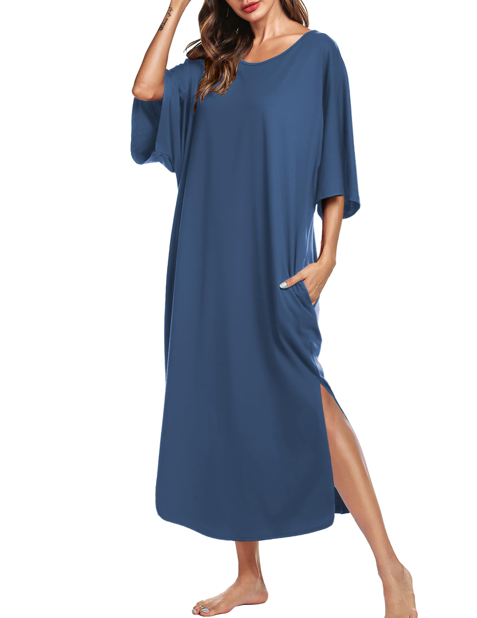 Ekouaer Long Nightgowns for Women Short Sleeve Night Gowns with Pockets | Casual Maxi Lounge Dress, Round Neck Sleep Dress, Plus Size House Dress, Side Split Sleepshirts for Lounging, Home, Party