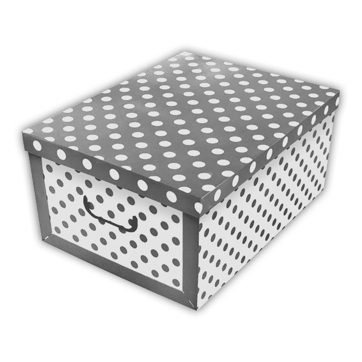 Acan Tradineur - Caja de cartón con asas plegable - Diseño de lunares - Almacenamiento, organizador de ropa, juguetes - 50 x 39 x 25 cm - Color blanco y Gris
