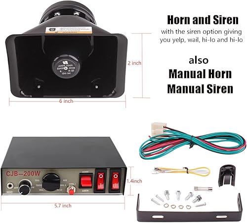 Miniatura 3 de Kit de sistema PA de sirena de policía de advertencia de emergencia de 9 tonos, 200 W, con micrófono de mano y 2 interruptores de control de luces