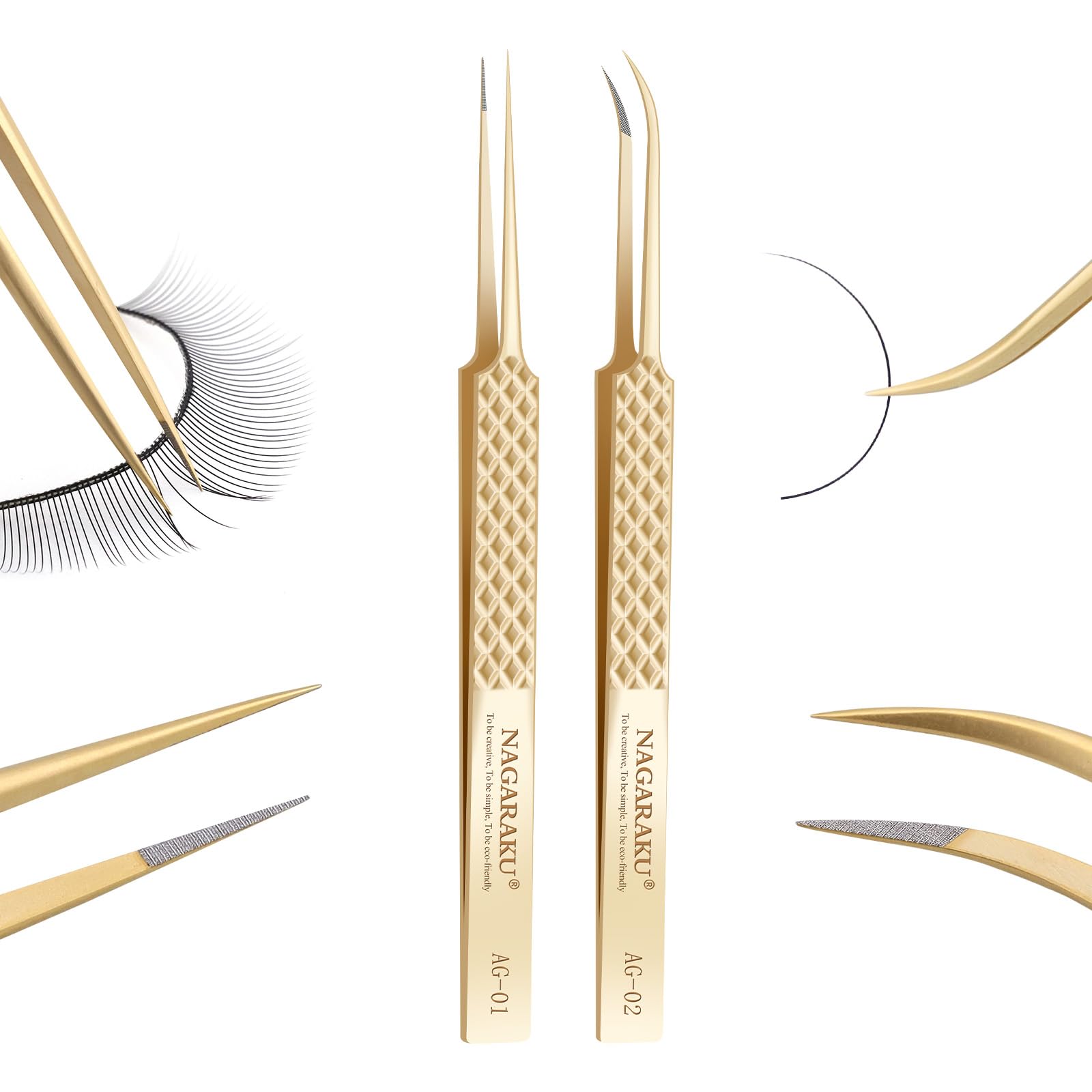 NAGARAKU 1 Pair of Microfibre Tweezers Precision Professional 5 cm Fine Tip Antistatic Straight & Curved Tweezers for Taking Individual Lashes or Pre-Assembled Volumes (AG-01 & AG-02)