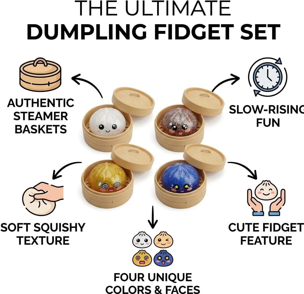 4-Pack Squishy Dumpling Bun Stress Balls - Glitter Colors Fidget Sensory Toys with Kawaii Face for ADHD - Slow Rising Squeeze Stress Reliever for Adults