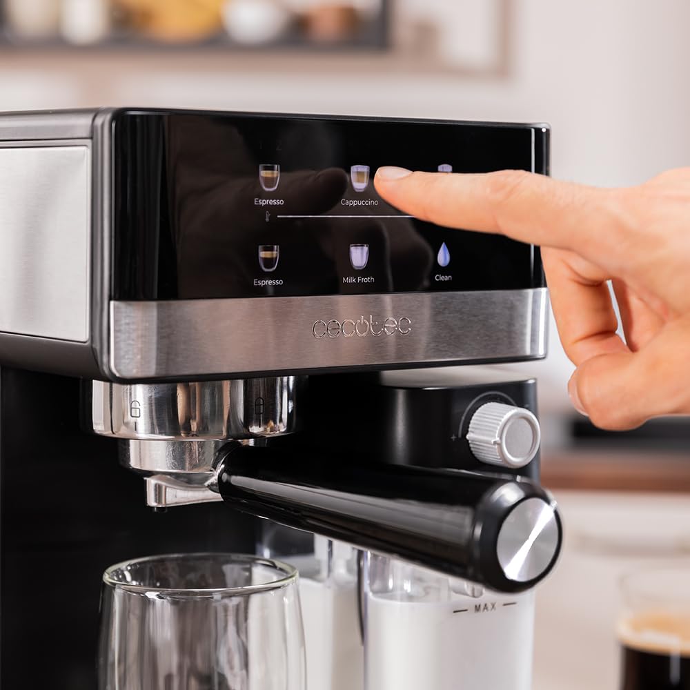 Cecotec Cafetera Express Power Espresso 20 Touch & Cream +. 1350W, 20Bares, Pantalla Táctil Recetario, Espumador, Thermoblock, Depósito Leche 500ml, Agua 1.8L, Autolimpieza, Accesorios