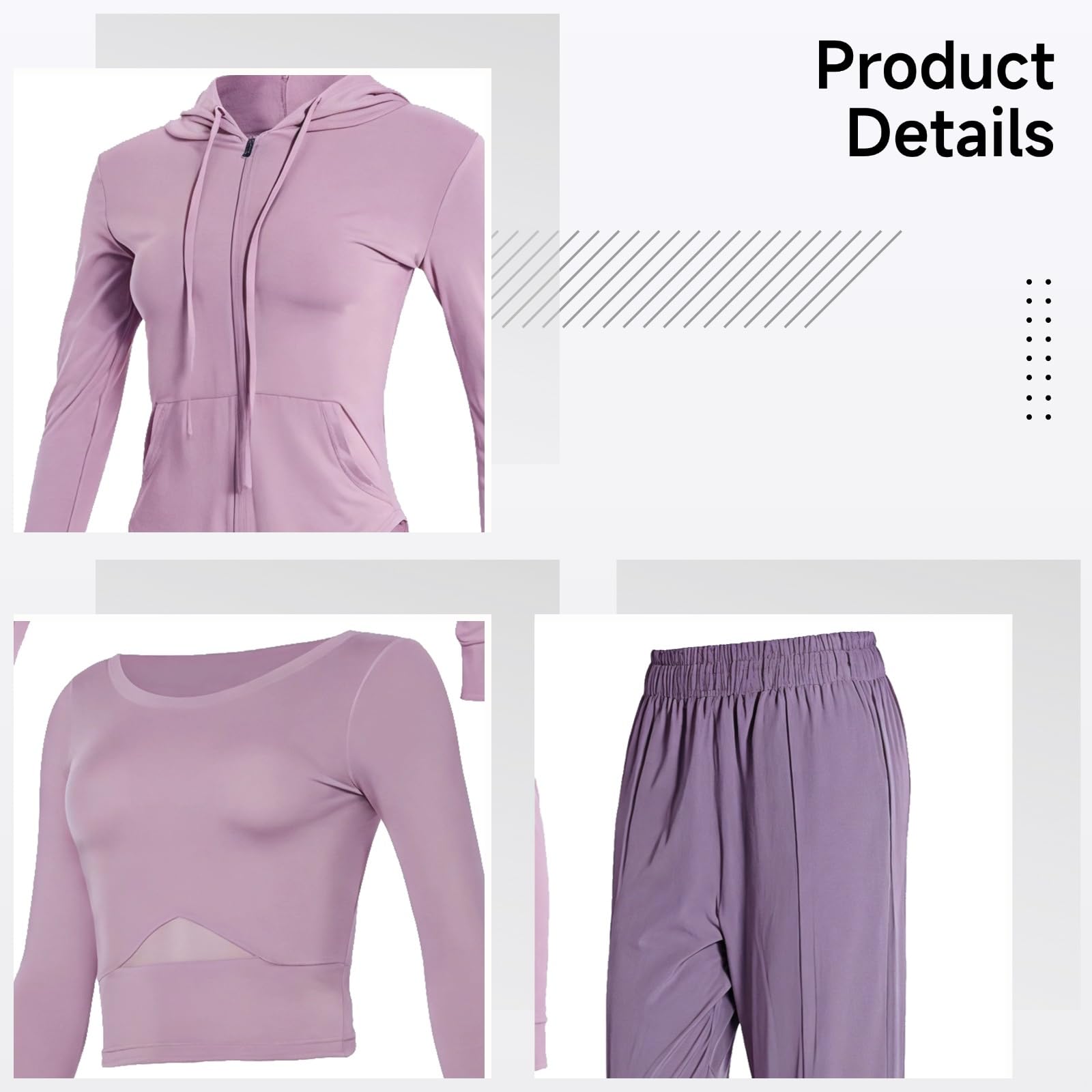 Conjunto de fitness de 3 piezas para mujer, conjunto de yoga con chaqueta con capucha, tela transpirable, tallas S-XXL, Púrpura, talla única