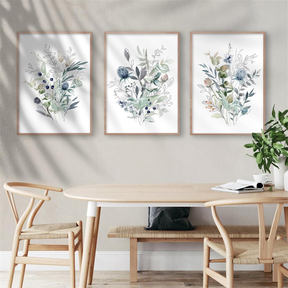 CVMINY Conjunto de 3-Pósteres Modernos Acuarela Abstracta Flores Azules Pintura Sobre Lienzo Flores Silvestres Cuadros Imprimibles Pared Decoración Interiores Sala Estar Cocina-60 * 80cm (Sin marco)