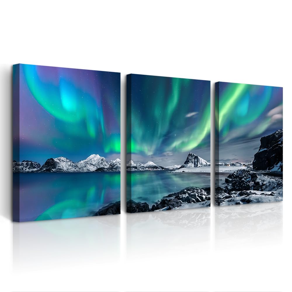DZRWUBHS Farmhouse Wall Decor For Bedroom Canvas Wall Art For Living Room Office Decor Wall Pictures Blue Aurora Scenery Wall Painting Artwork Wall Decorations For Bathroom Room Home Decor 3 Piece