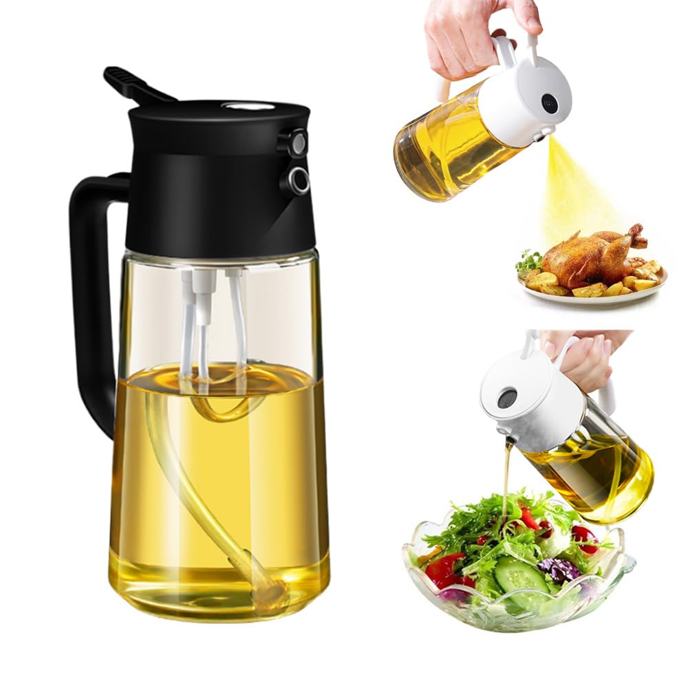 YMYL Oil Sprayer for Cooking, 2 in 1 Olive Oil Dispenser Bottle and Oil Mister for Kitchen, 17oz Premium Glass Oil Spray Bottle for Air Fryer, Salad, Frying, BBQ, Baking (Black)