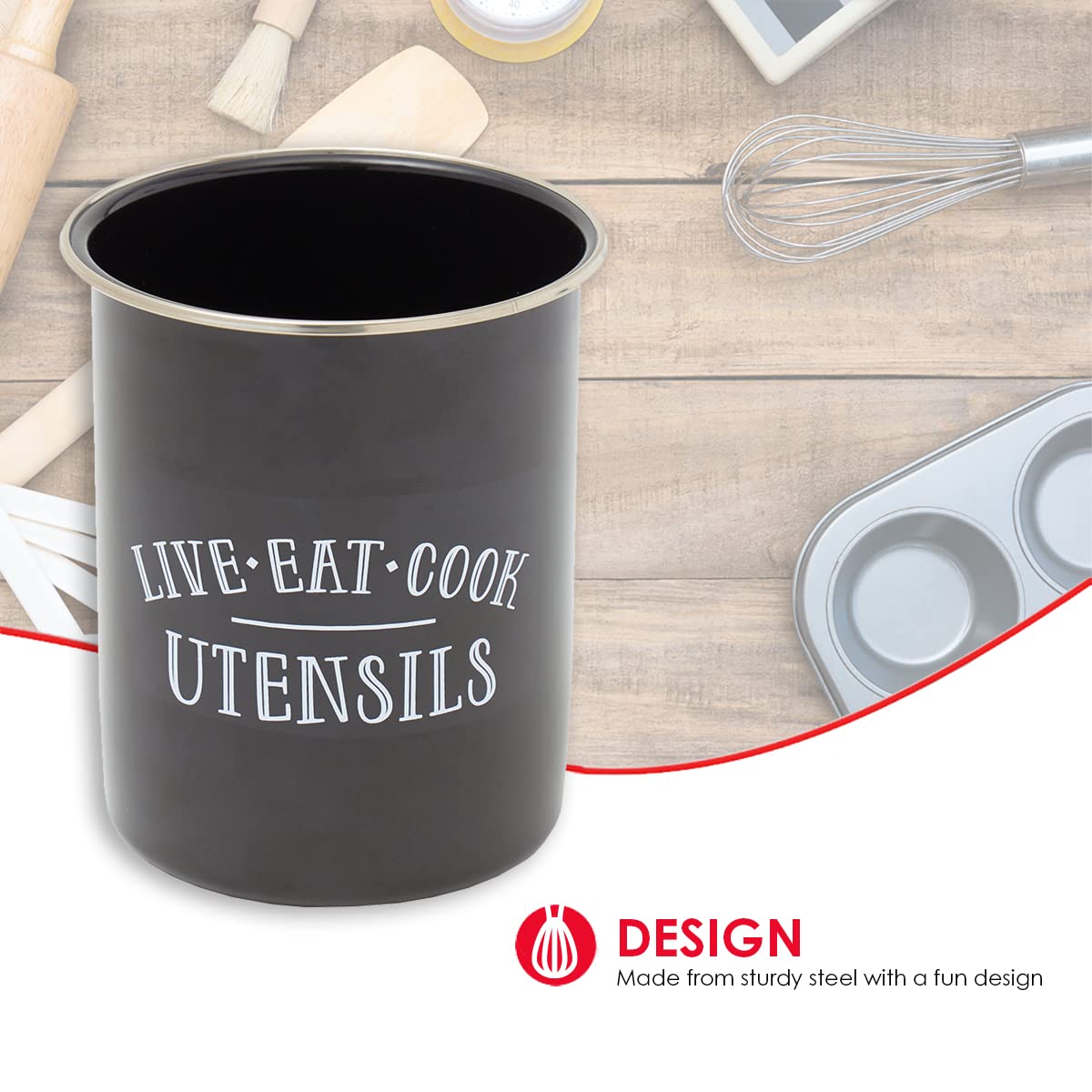 Home Basics Metal Utensil Holder with Steel Rim | Fun Graphics & Colors | Durable Stainless Steel | Weighted Base | Great for Quick Reach Kitchen Items (CH37732)