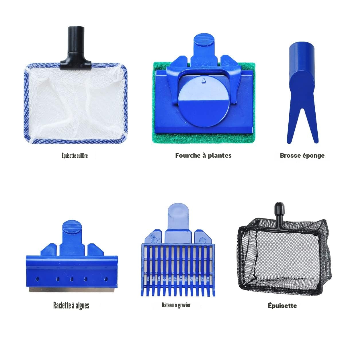 Kit de nettoyage d'aquarium 6 en 1 avec filet à poissons, épuisette, râteau à gravier, pince à plantes, raclette, éponge et connecteur