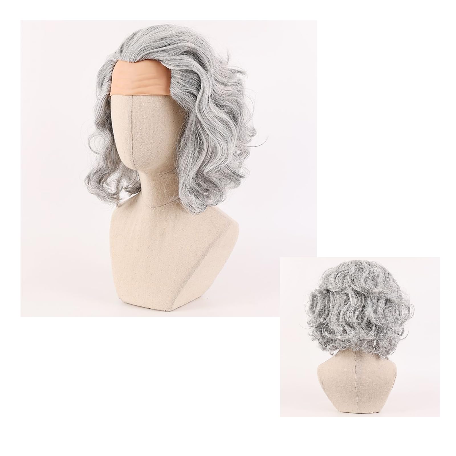 2Pcs Grey Curly Wig for Men Bald Forehead Costume Wig with Gray White Beard Wig Cap Men's Cosplay Synthetic Layered Hair Man Wigs for Costumes Cosplay Halloween Carnival Parties Anime - Image 2