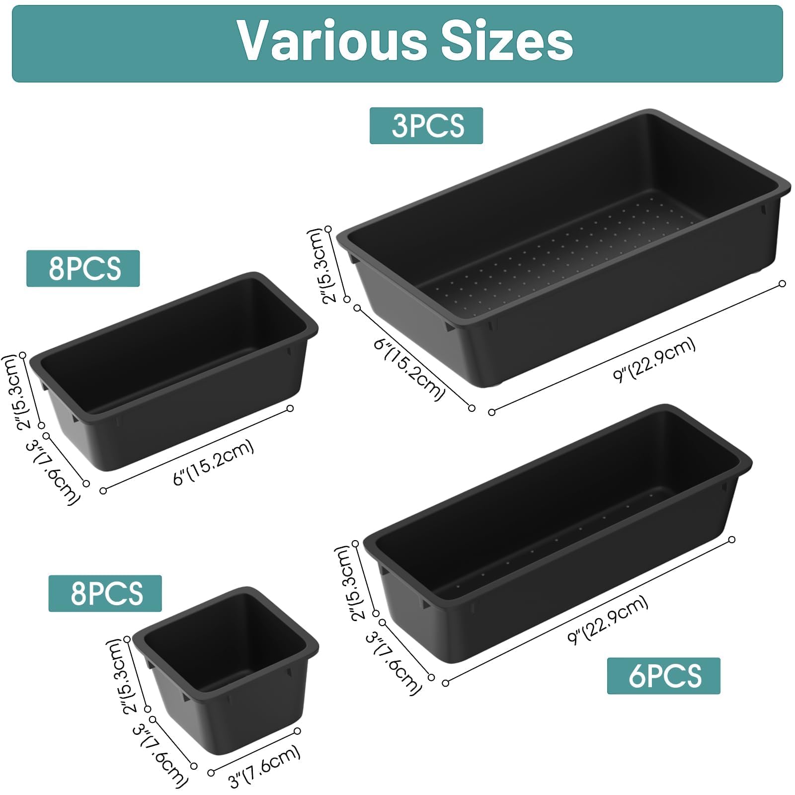 WOWBOX Schubladen-Organizer-Set aus Kunststoff, 4 Größen, Schreibtisch-Schubladenteiler und Aufbewahrungsbehälter für Make-up, Schmuck, Gadgets für Küche, Schlafzimmer, Badezimmer, Büro, Schwarz, 25