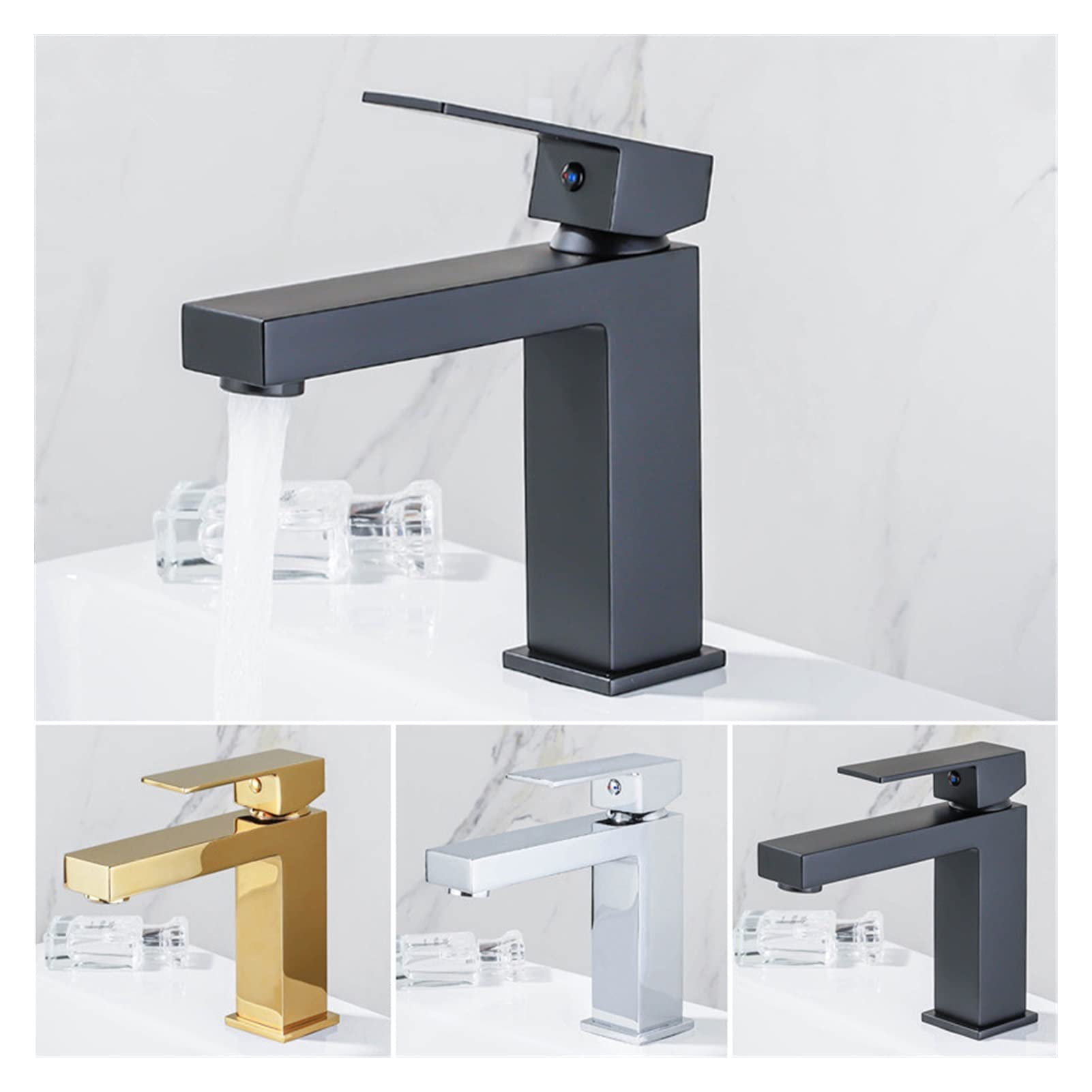 Grifo de baño Gold Bath Bath Bath Faucet Frío y Caliente Latón Negro Fregadero Mezclador Fregadero Grifo Sola manija Cubierta de Agua Montado Grifo(A)