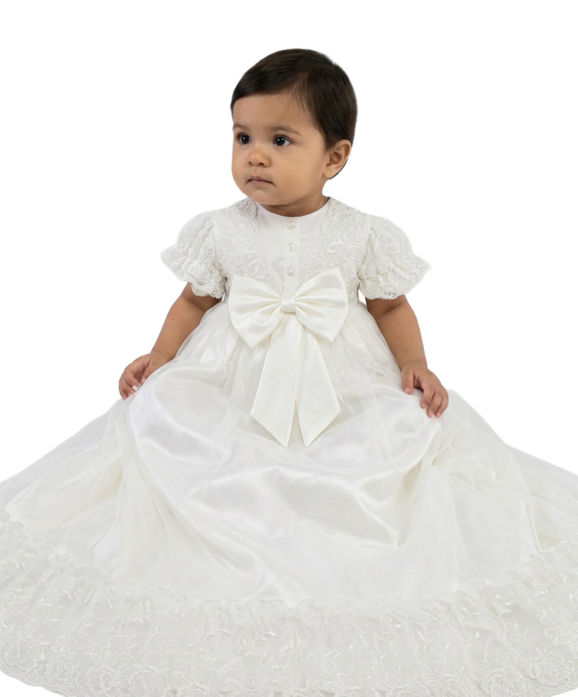 SIRRI Vestido de Bautizo para niña, Color Marfil, Encaje, Lazo de satén, Largo Tradicional.