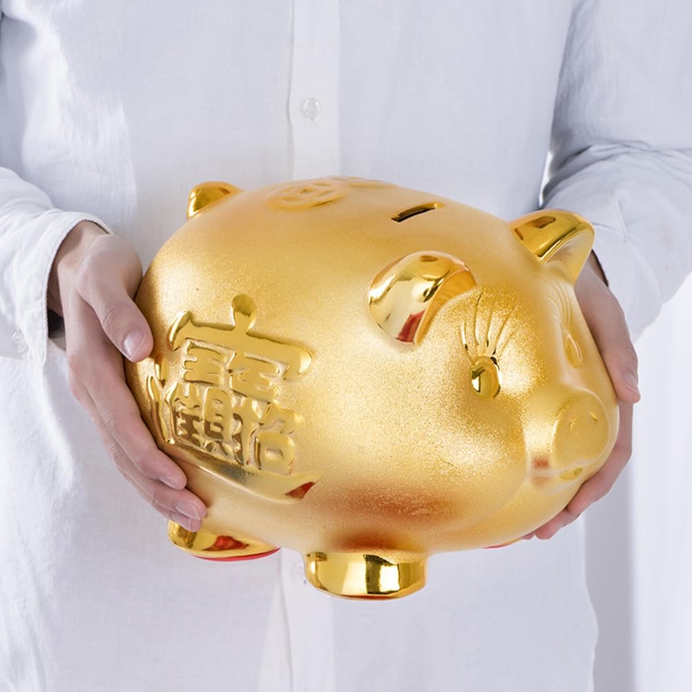HEALLILY Creative Ceramic Piggy Bank for Kids - Fortune Pig Coin Saving Pot Money Box 5.31 Inch Cute Cartoon Money Holder for Birthday New Year Bedroom Living Room