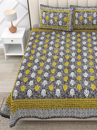 Image of RajasthaniKart 100% Cotton 180 TC King Size BEDSHEET with 2 Pillow Cover - 90X108 (Suitable for King Size Bed Sheet or Double Bed, Grey Booty Jaipuri, 5301)