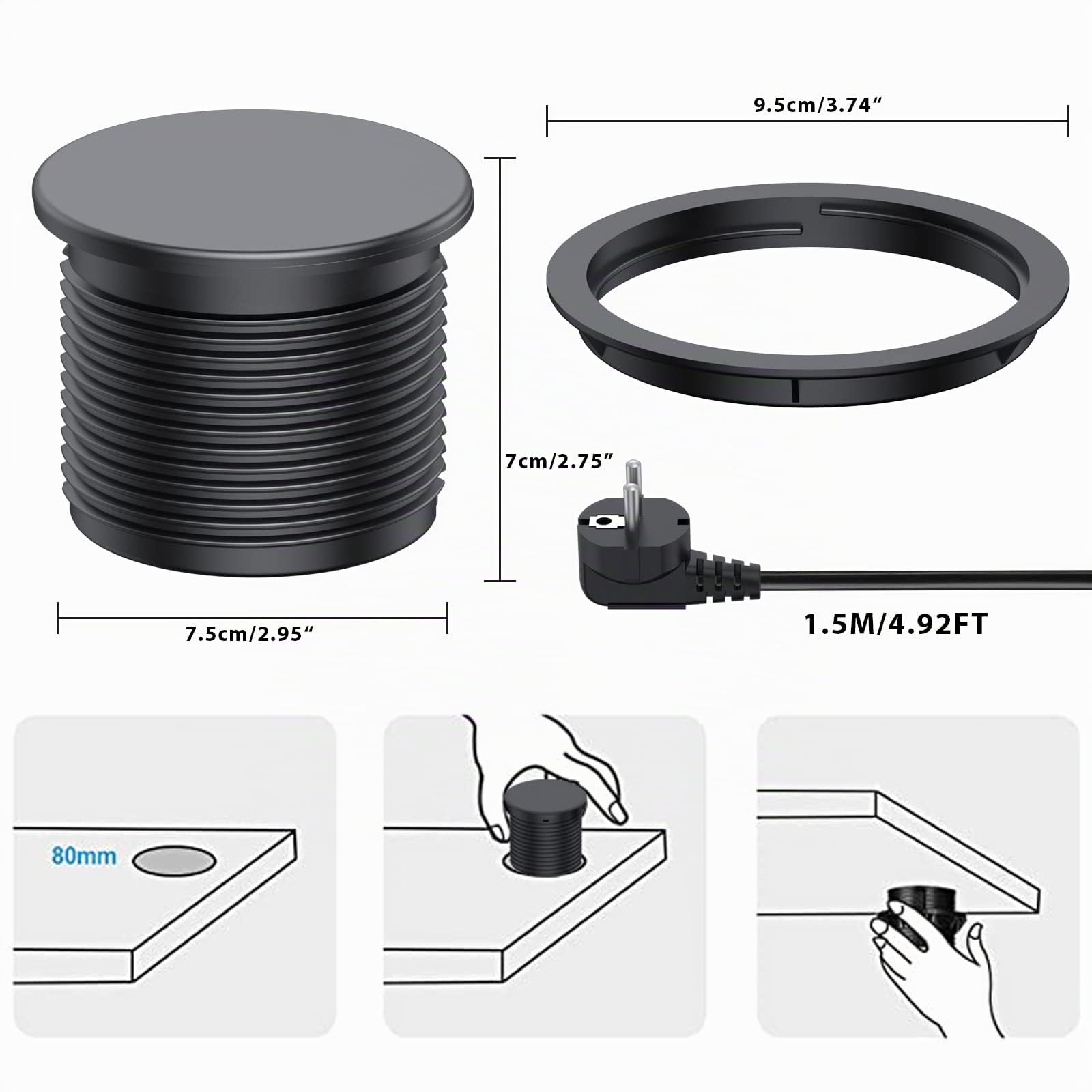 Prise Encastrable Plan de Travail avec 1 Prise, 1 Port USB C, 1 Port USB A, 80 mm de Diamètre, Prolongateur de 1,5M de Câble, Dinolink Prise avec Couvercle équipée pour la Cuisine, Les Meubles, Noir