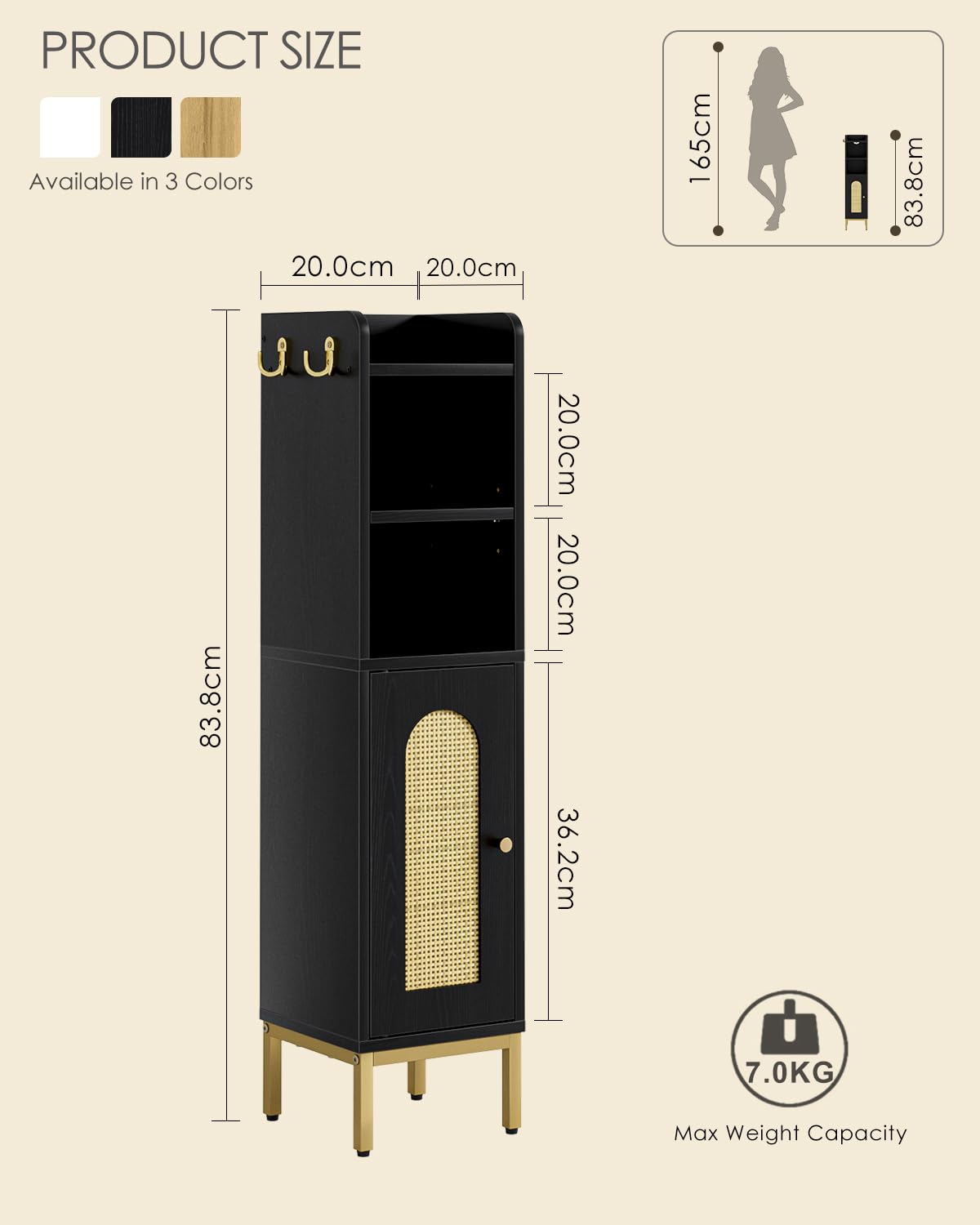 HEYZOEY Armoire de salle de bain - Meuble de rangement haut avec porte - Rangement fin pour salle de bain, cuisine, salon, chambre à coucher, bureau - Rotin noir