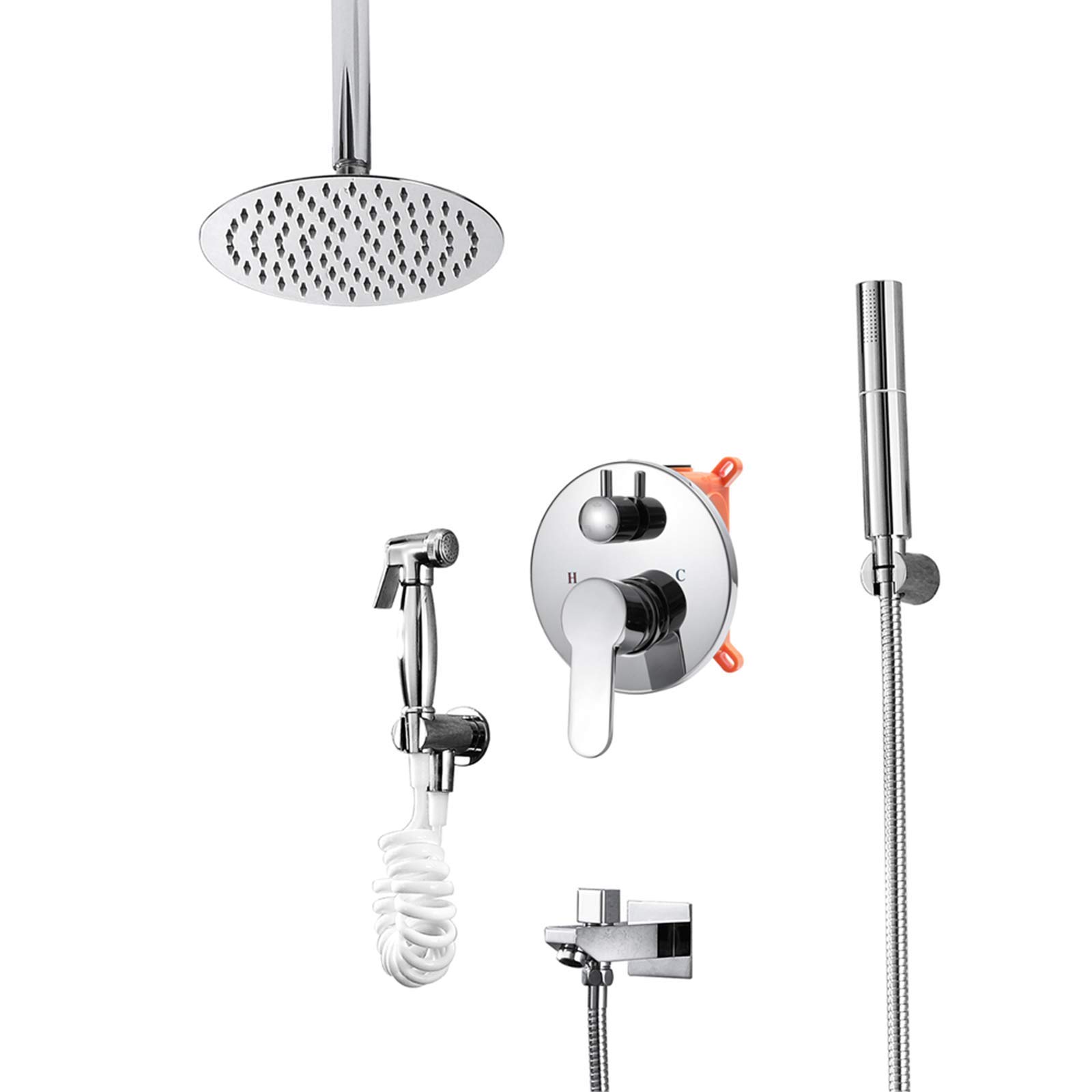 QUSYZD Chrome Rain Mixer Shower Combo Set Ceiling Mounted Bathroom Shower Faucet Set with Round 8 Inches Shower Head, Handheld Shower, Tub Spout, Bidet Sprayer,