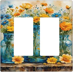 Decorative Outlet Covers Rustic Yellow Flowers Floral Blue Bottles 2 Gang Wall Plate Double Rocker Two Switch Wall Cover Plate Light Switch Cover Plate Faceplate for Country Bedroom Decor