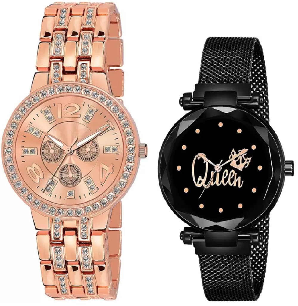 SELLORIA Women Branded Rose Gold Magnet Analouge Gold Dial Gold Plated Watch Golden Color Strap Wrist Watches for Womens Ladies Girls Watch Pack of 2 (Black) (B0CBC7YYTD) Amazon Price History, Amazon Price Tracker