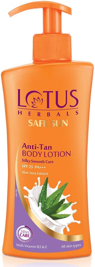 Lotus Herbals Safe Sun Anti - Tan Body Lotion With Aloevera Extracts & Vitamin E & B3 | SPF 25 PA+++ | For Silky Smooth Skin Care | 24 Hour Nourishment | Suitable For All Skin Types | For Women And Men | 250ml
