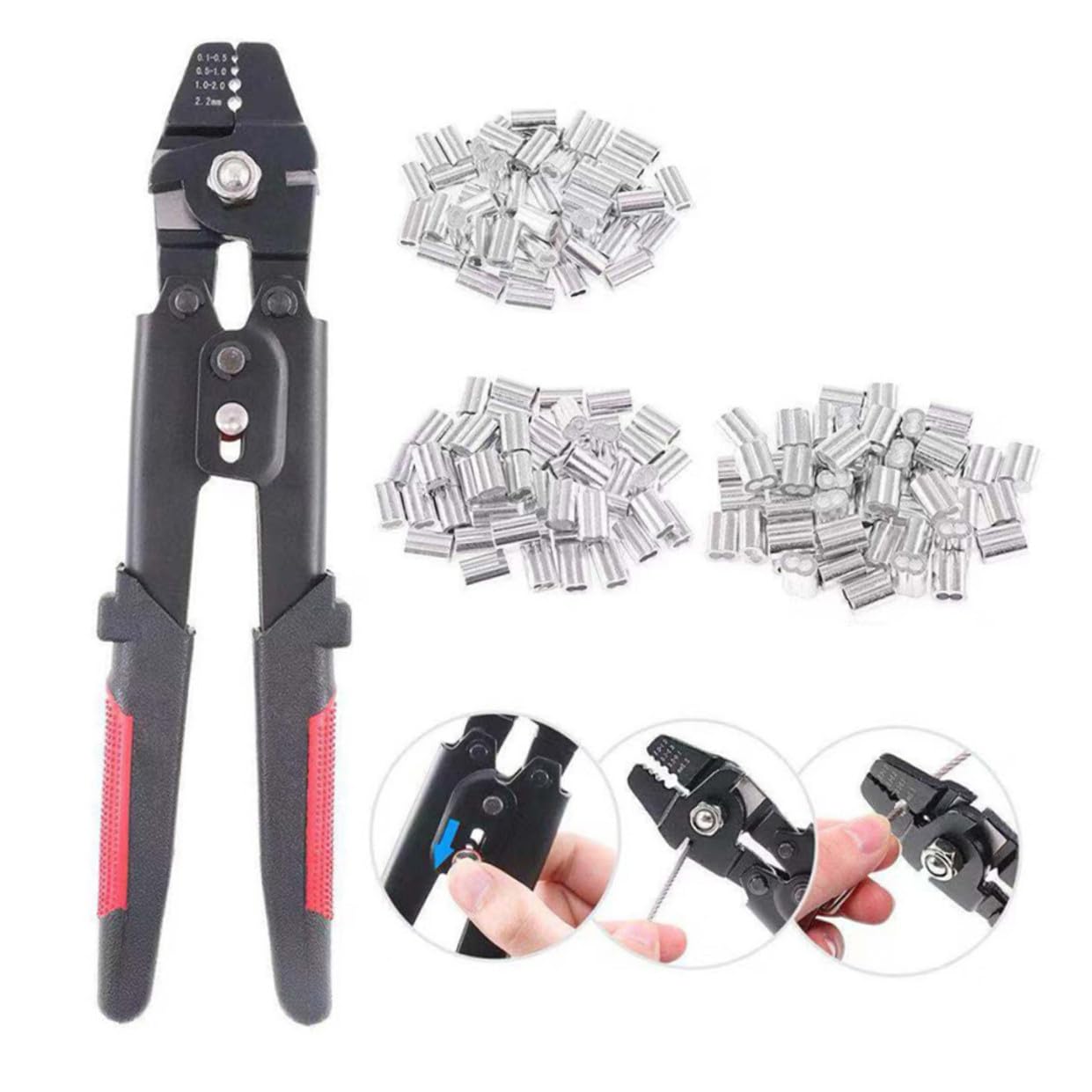 Pinza Crimpatrice per Cavi e 180 Pezzi Manicotti in Alluminio Acciaio al Carbonio con Meccanismo Autobloccante e Impugnatura Antiscivolo per Pesca e Corde