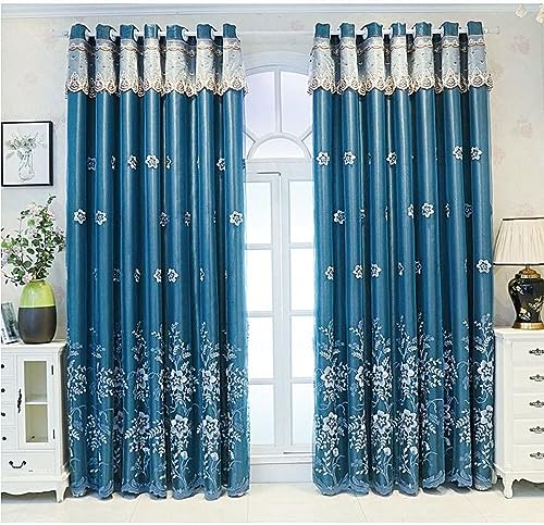 Amidoudou 1 Pair European Double Layer Curtains for Living Room Bedroom Luxury Flower Embroidered Blackout Curtains with Valance (Blue,66 x 84 Inch) - Image 2