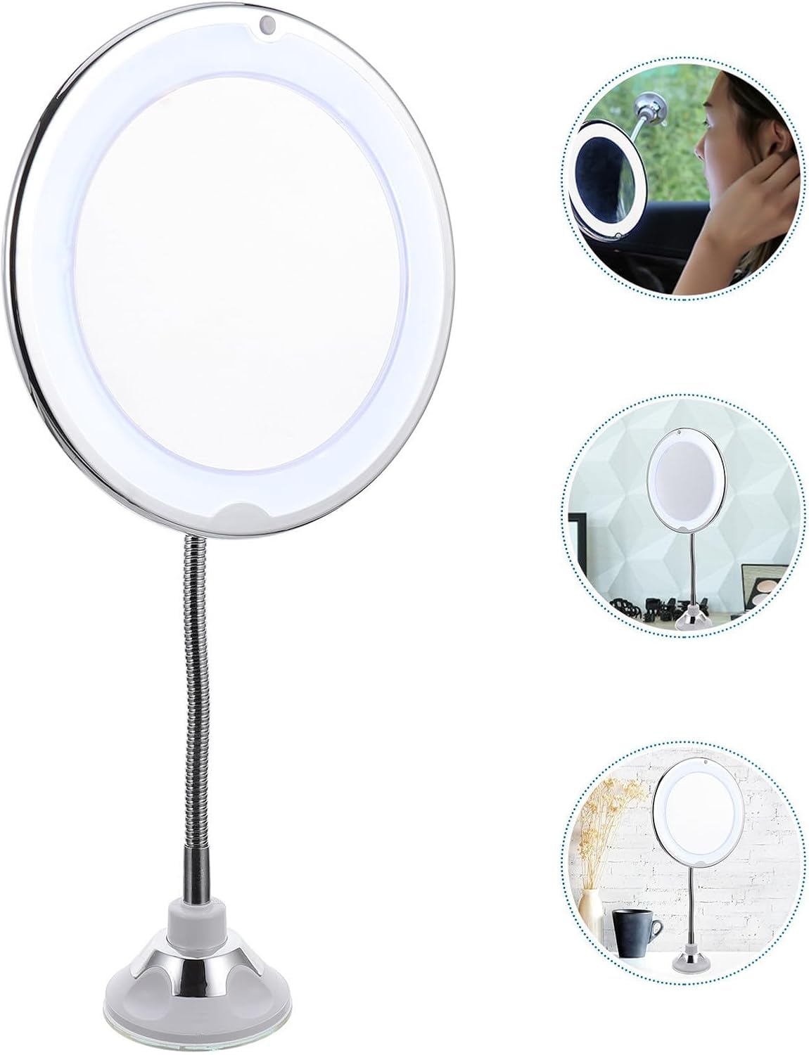 10 x powiększone lusterko do makijażu LED z obrotem o 360° i przyssawką dla łatwej instalacji – idealne do stosowania na blacie w warunkach słabego oświetlenia