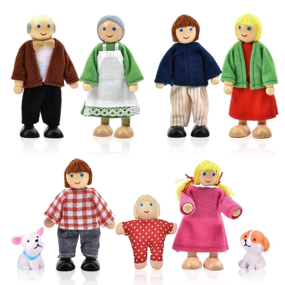 yotutun Happy Family Dolls Playset, Dolls House Dolls Wooden Dolls House People Set of 7 People Wooden DollHouse Family with 2 Dogs for Dollhouse Accessories Kids Children Toy Pretend Gift