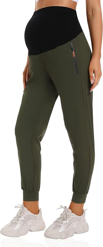Foucome Maternity Joggers for Women Green S | Over Belly, Zipper Pockets, Tapered Maternity Hiking Pants, Workout Athletic Golf Sweatpants, Casual Work Scrubs