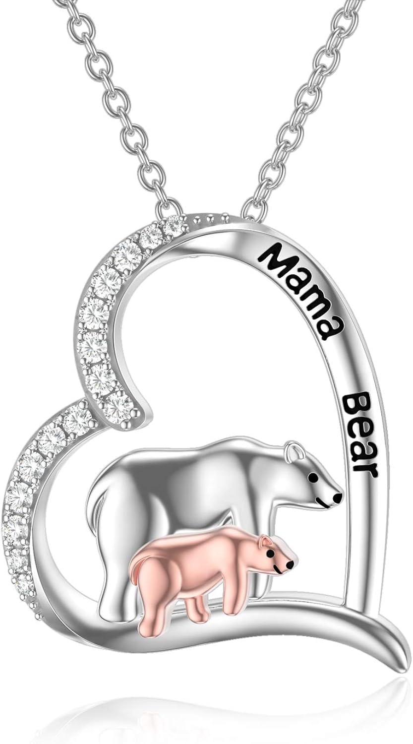 HARMONY BOLA Bear Necklace Mother Daughter Love Heart Pendant 925 Sterling Silver Animal Jewellery Mummy Birthday Gift for Women
