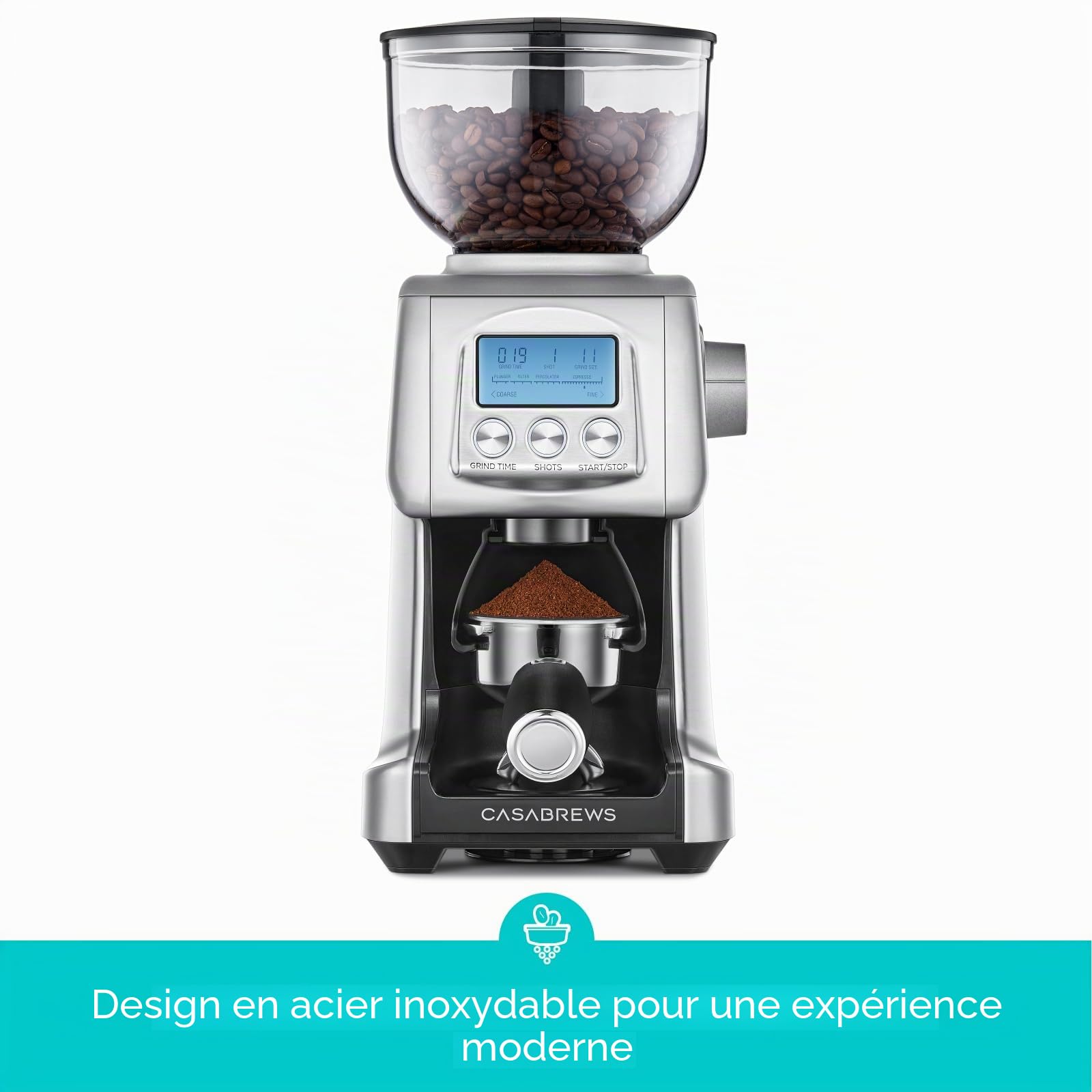 CASABREWS Molinillo à Café Électrique, Broyeur à Grains avec 77 Réglages de Mouture, Écran LCD, Réglage de la Quantité et du Temps, Support Porte-Filtre, Capacidad 400g