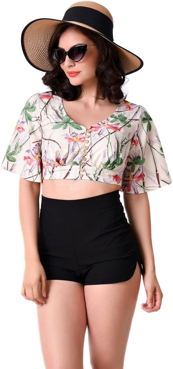 Hell Bunny 1940s Beige Short Sleeve Bamboo Chiffon Crop Top