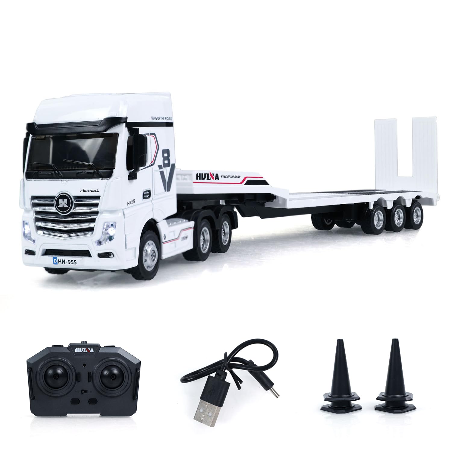 HUINA 1/64 RC Tractor Truck 9900 Alloy with 3Axle Plastic Semi Flatbed Trailer